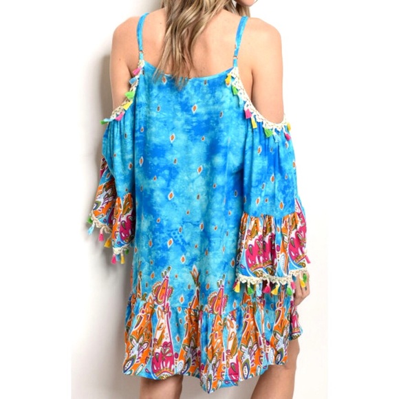 Chase Away The Blues- Boho Cold Shoulder Dress - Picture 7 of 8